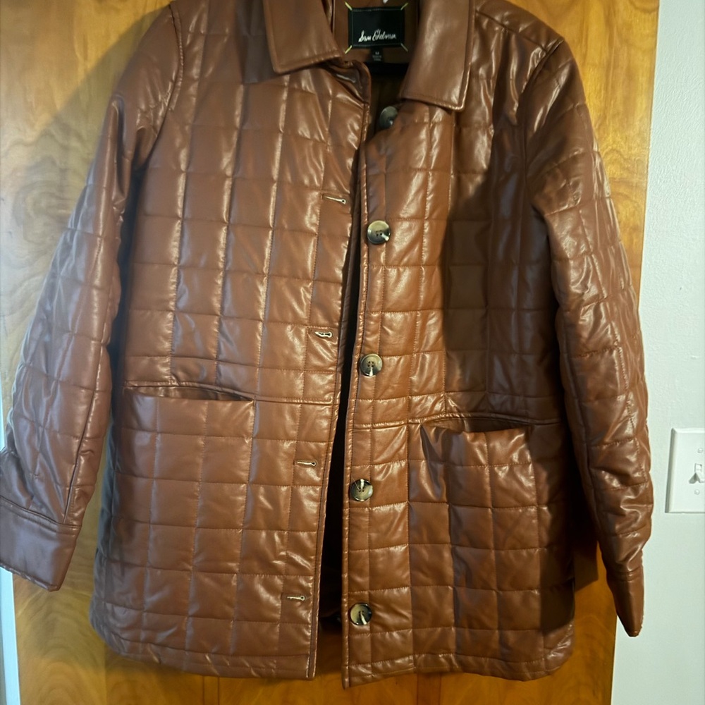 Sam Edelman Women’s Box Quilted Faux Leather Shacket Puffer Jacket Brown